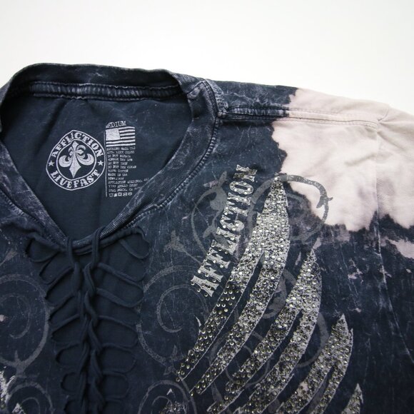 Affliction Womens T-Shirt Medium Embellished Wings Graphic Woven Cutout Grey Y2K - Picture 9 of 12